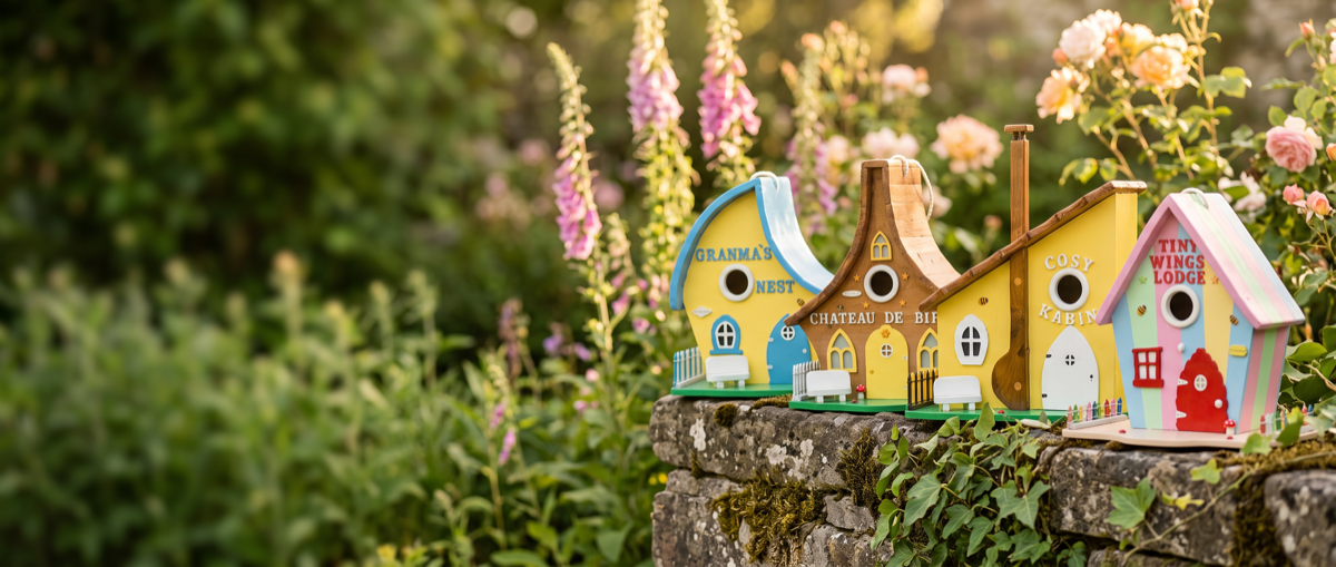 A row of hand-painted wooden birdhouses on a stone garden wall